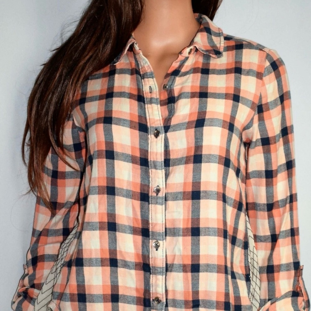 HOLDING HORSES pink and Navy Plaid Button-Down Shirt w/ peplum